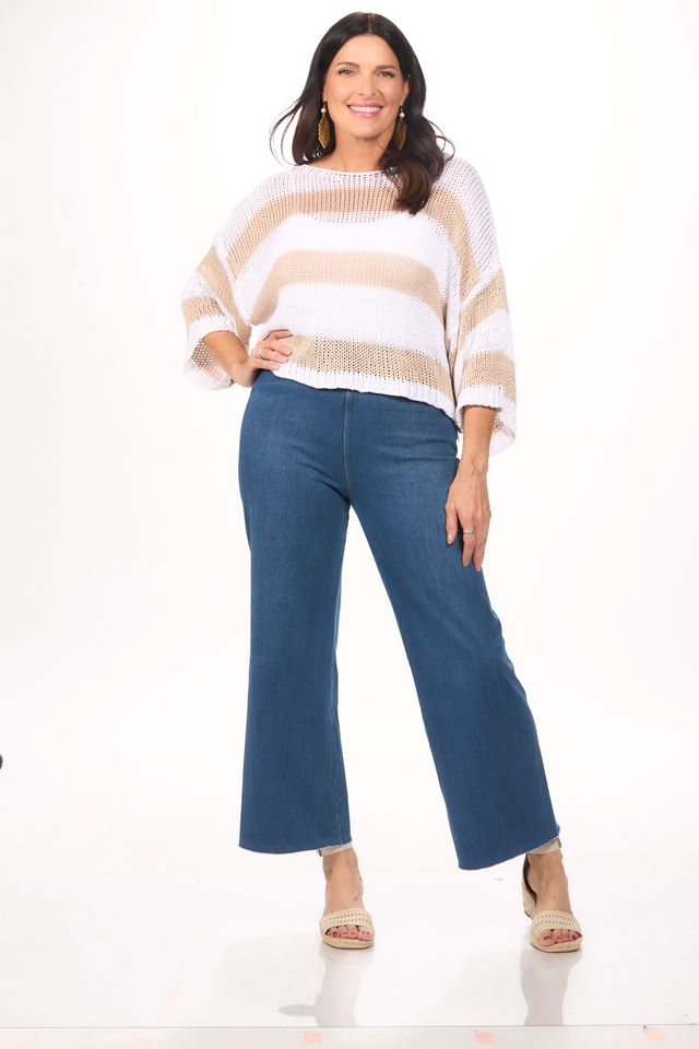 Front image of Look Mode open knit striped sweater.