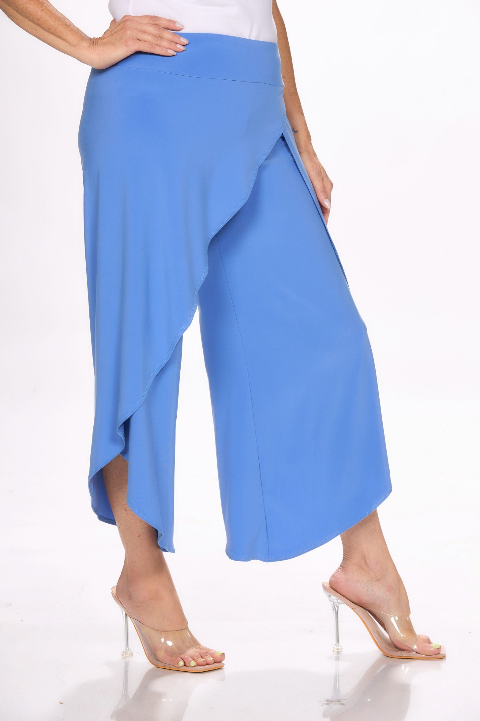 Side image of Picadilly pull on light blue wrap pant.