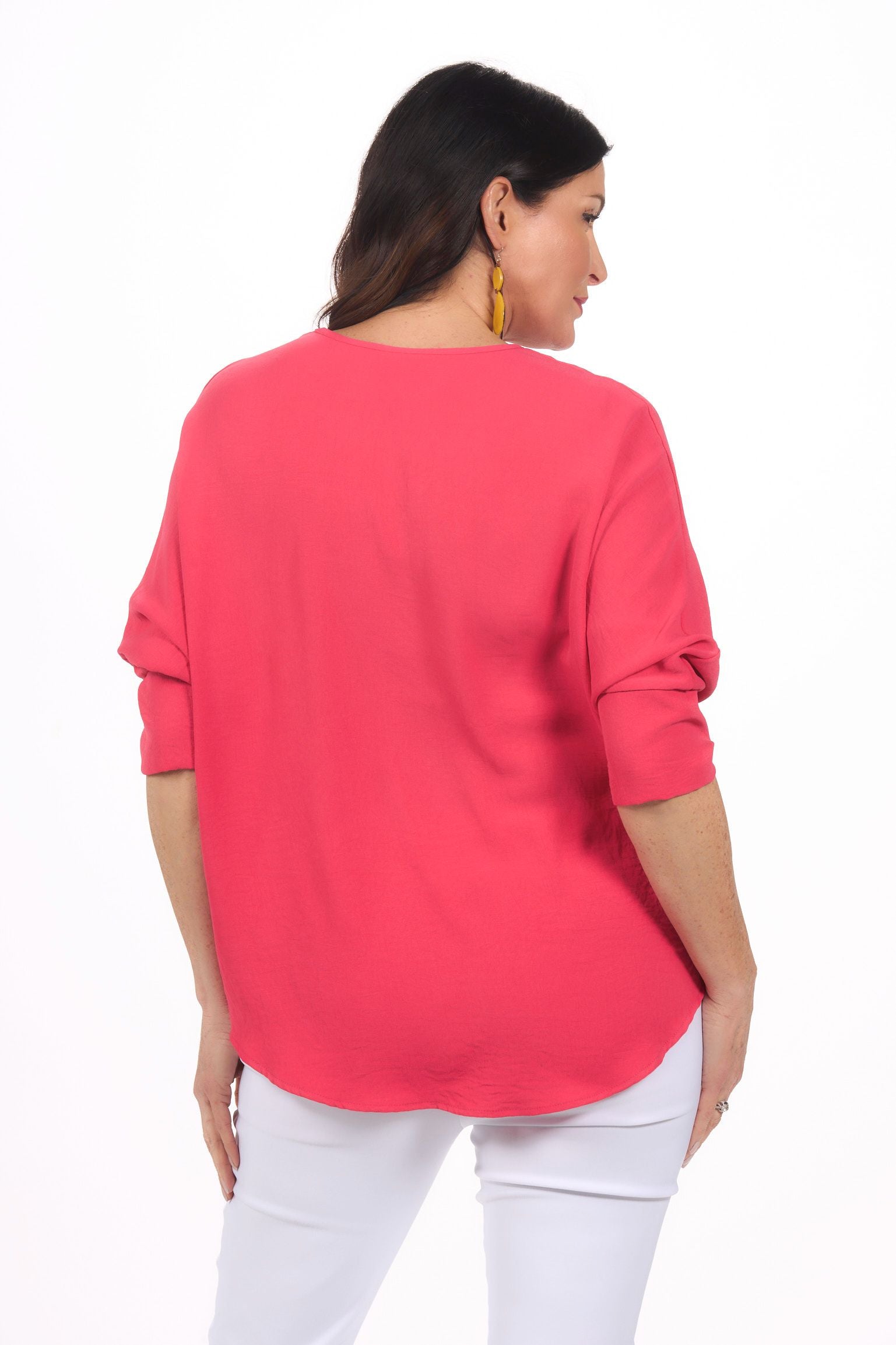 Back image of punch pink airflow v neck tunic.