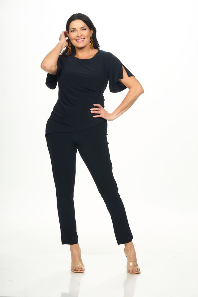 Front image of navy blue gather top.