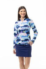 Front image of SanSoleil navy vista printed long sleeve top. 