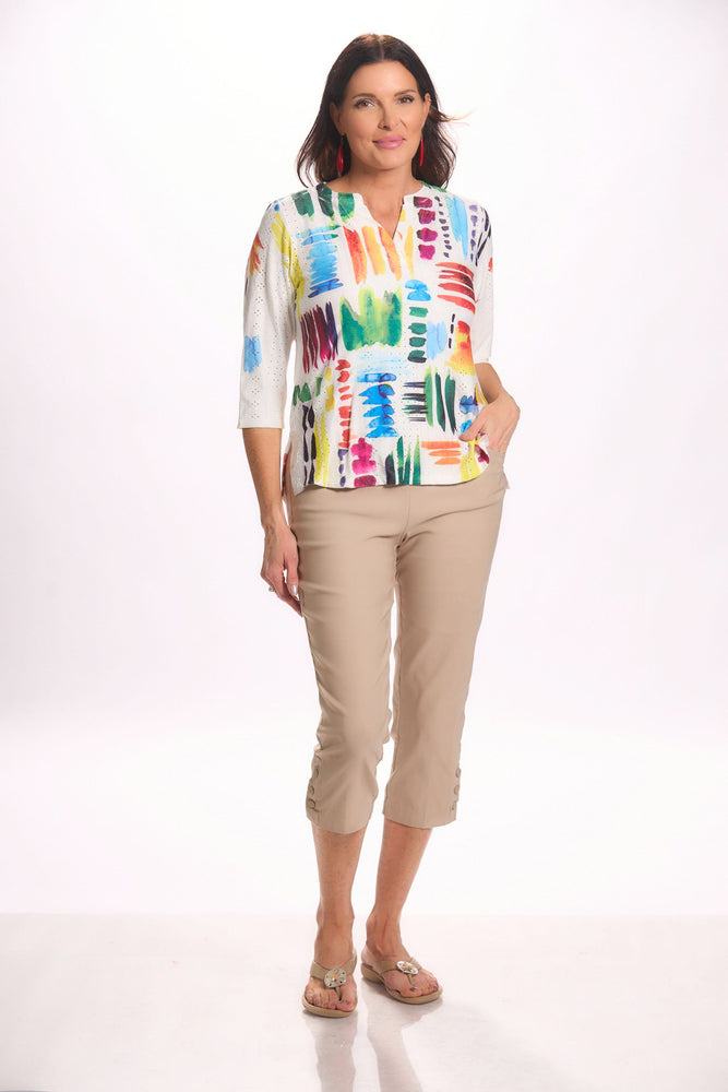 Front image of impulse rainbow printed top. 