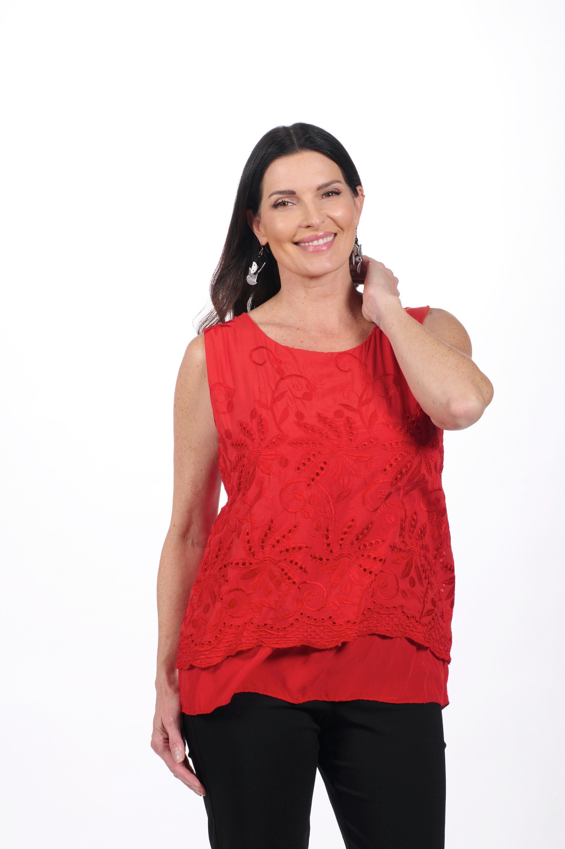 Front image of red eyelet tank made in italy. 