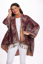 Front image of London Chic Kimono in merlot floral. 