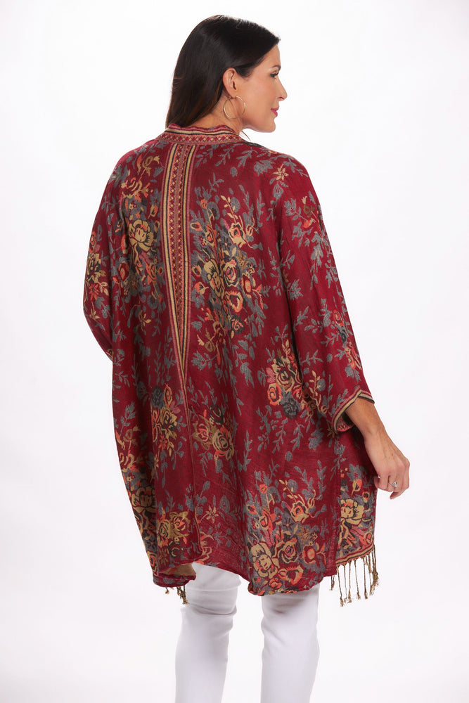 Back image of London Chic Kimono. Red floral printed top. 
