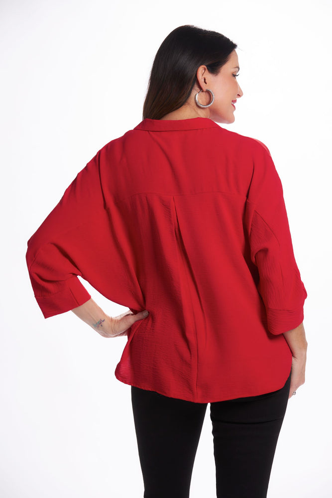 Back image of red air flow top. Two button air flow top. 