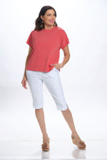 Front image of short sleeve modern tee in red. 