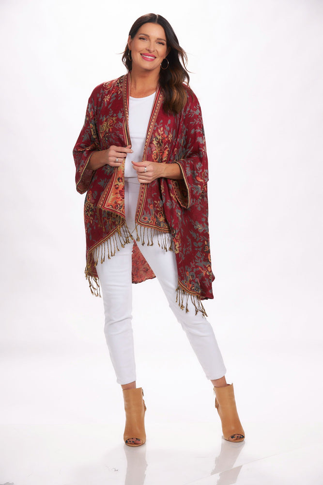 Front image of London Chic Kimono. Red floral printed top. 