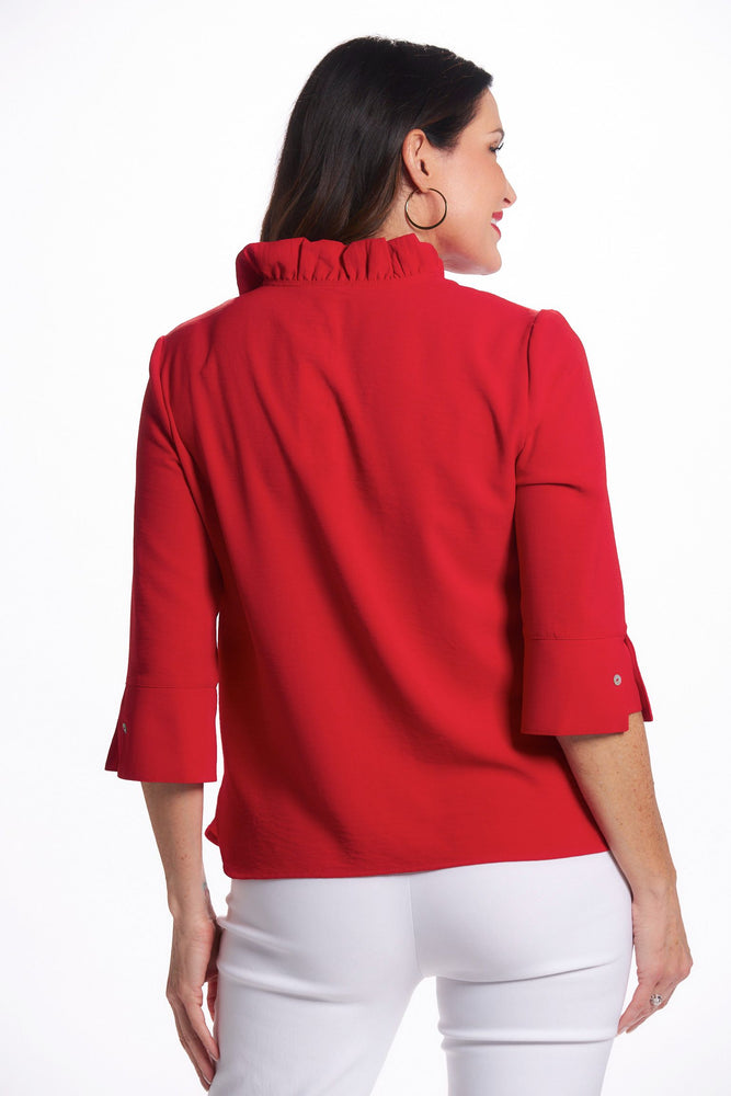 Back image of Ruffle 3/4 sleeve air flow top. Red top. 