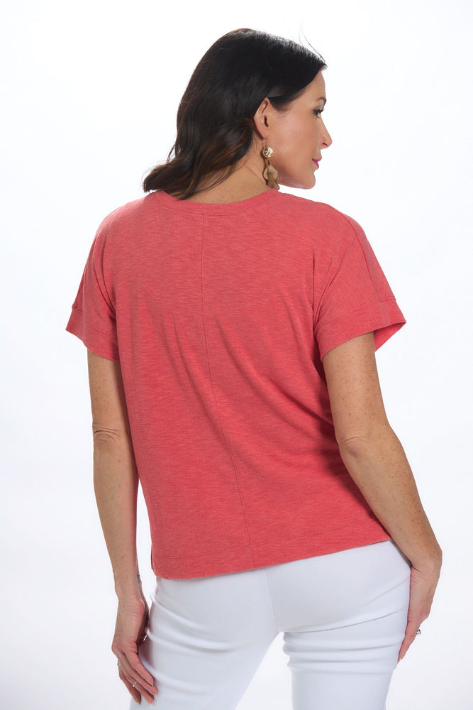 Back image of short sleeve modern tee in red. 
