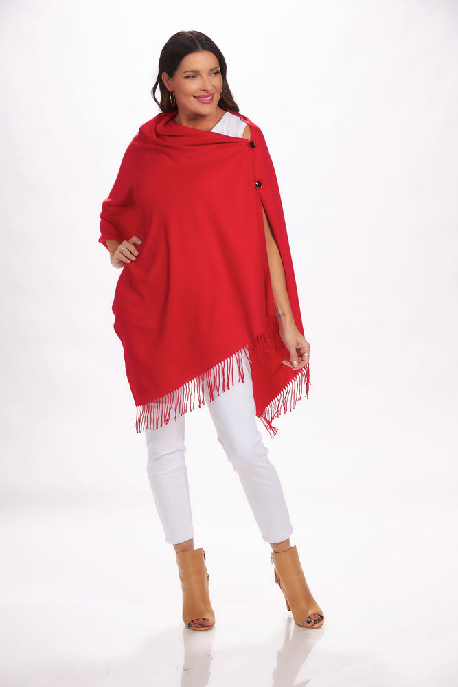 Front image of red 2 button cashmere wrap. Red with fringe. 