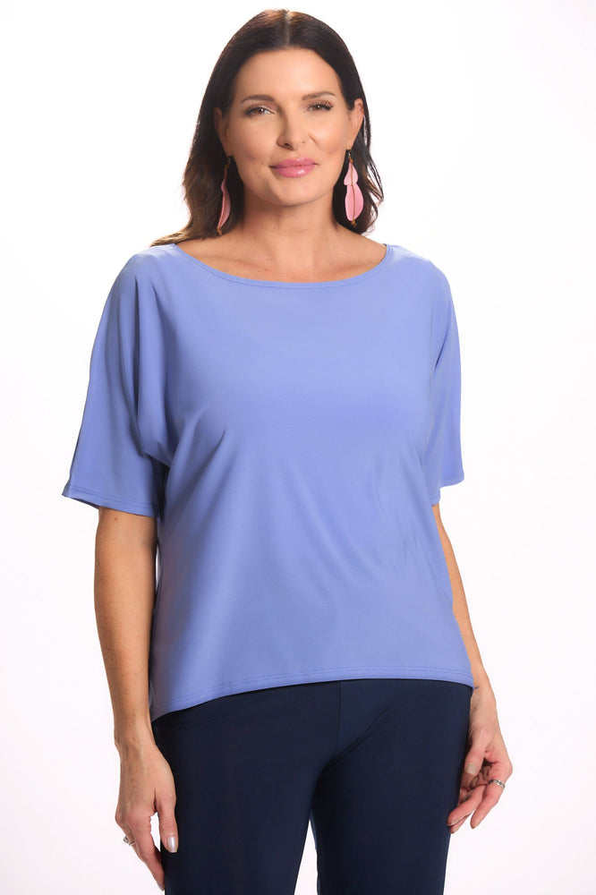Front image of Mimozza dolman sleeve relaxed top. Short sleeve periwinkle top. 