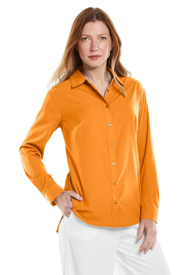 Front image of Coolibar Rhodes shirt. Apricot crush solid long sleeve top. 