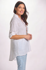Side image of Catherine lily white roll sleeve top. 