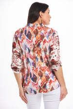 Back image of cubism roll sleeve print crinkle shirt. Button front with collar top. 