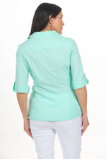 Back image of Elo roll sleeve button front blouse. Yucca green roll sleeve top. 
