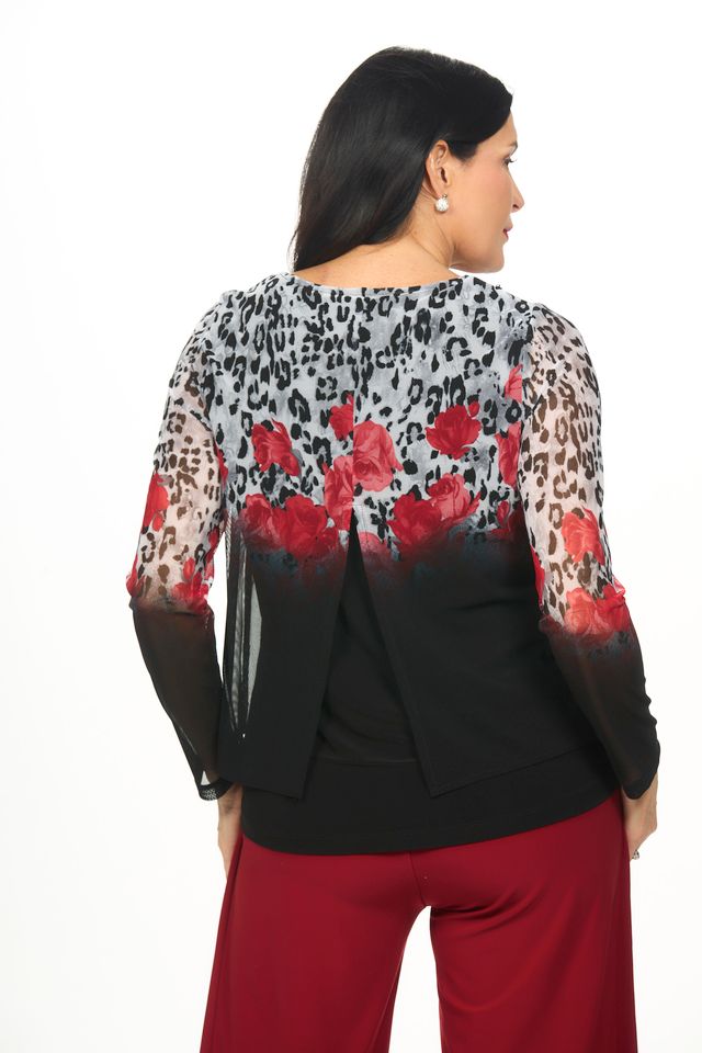 Back image of Picadilly rose printed long sleeve double layer top.