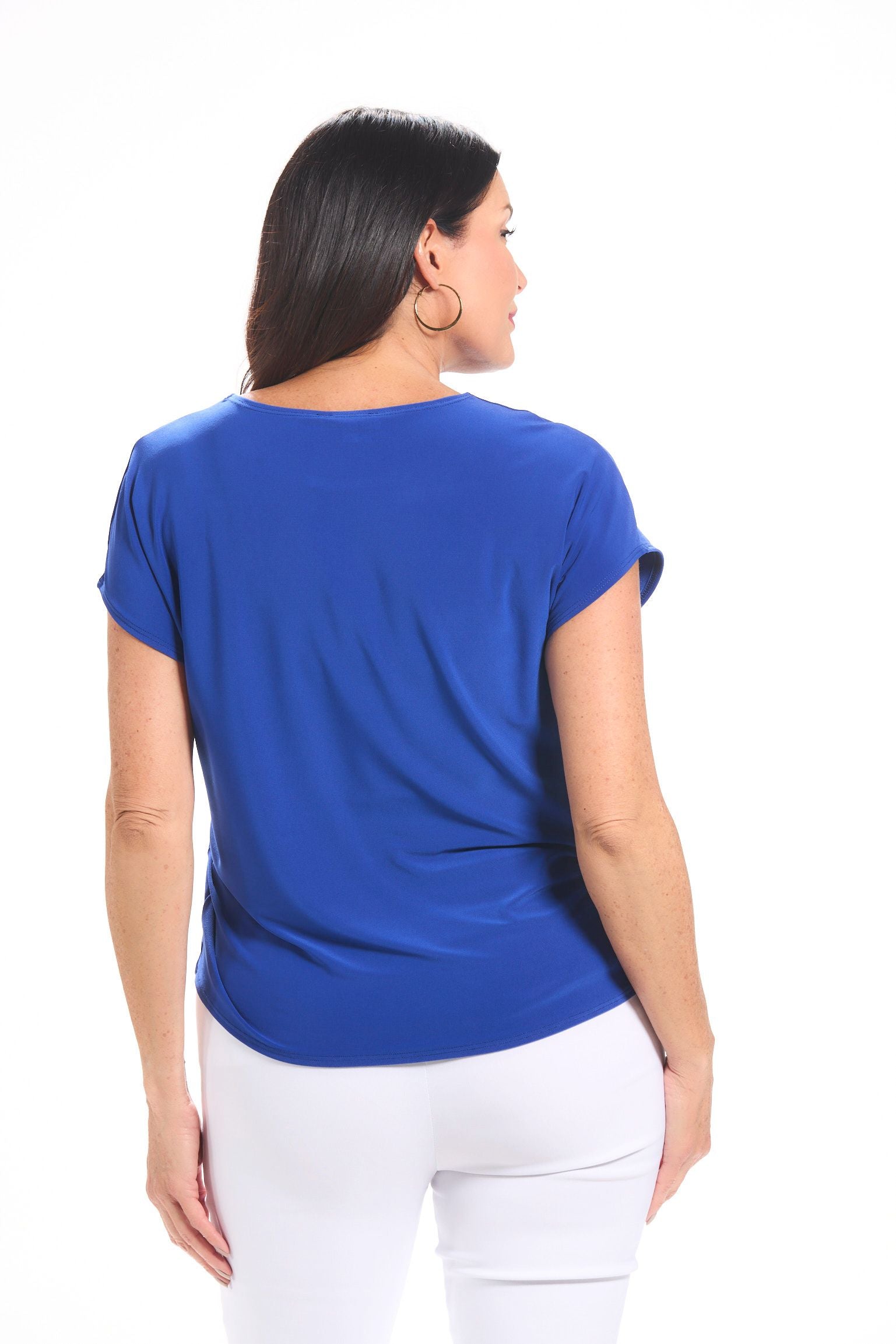Back image of royal blue short sleeve knot top.