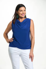 Front image of Mimozza cowl neck tank in royal blue. 