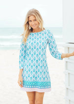 Front image of Cabana Life cabana shift dress. White and blue santorini printed dress. 