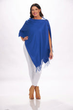 Front image of 2 button cashmere wrap top. Sapphire blue top. 