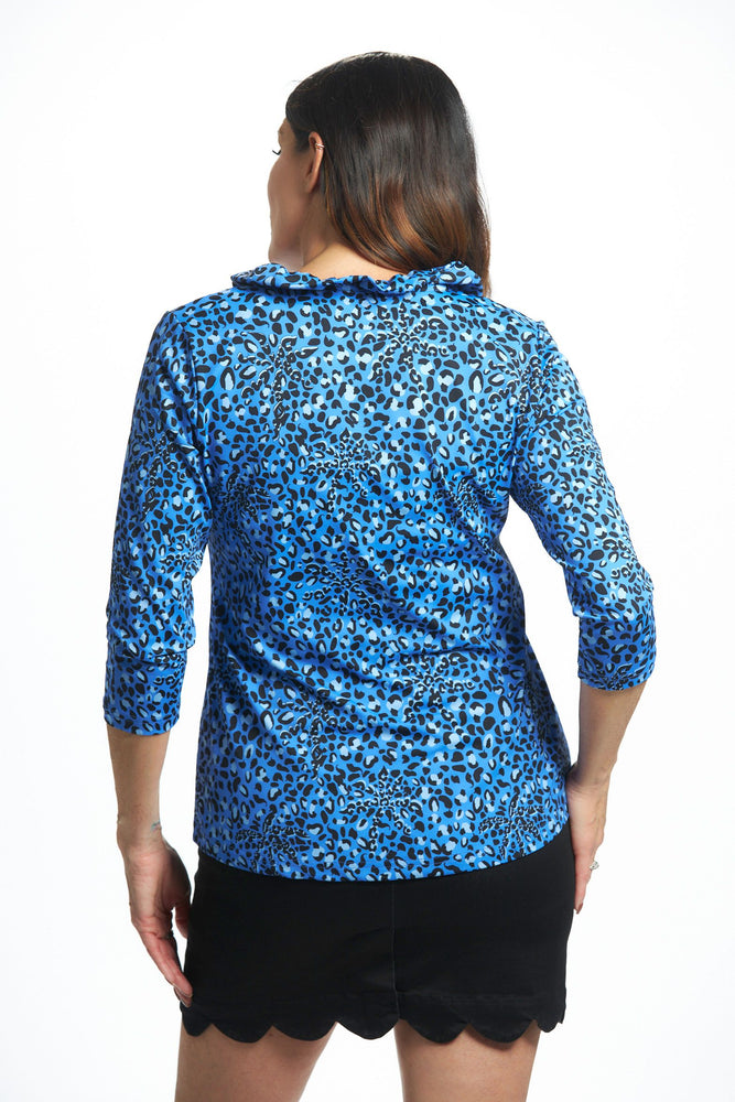 Back image of lulu b blue sapphire printed top. Ruffle neckline upf 50+ top. 