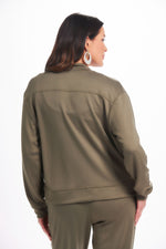 Back image of Nanette zip front scuba jacket. Dusty olive zip front jacket. 