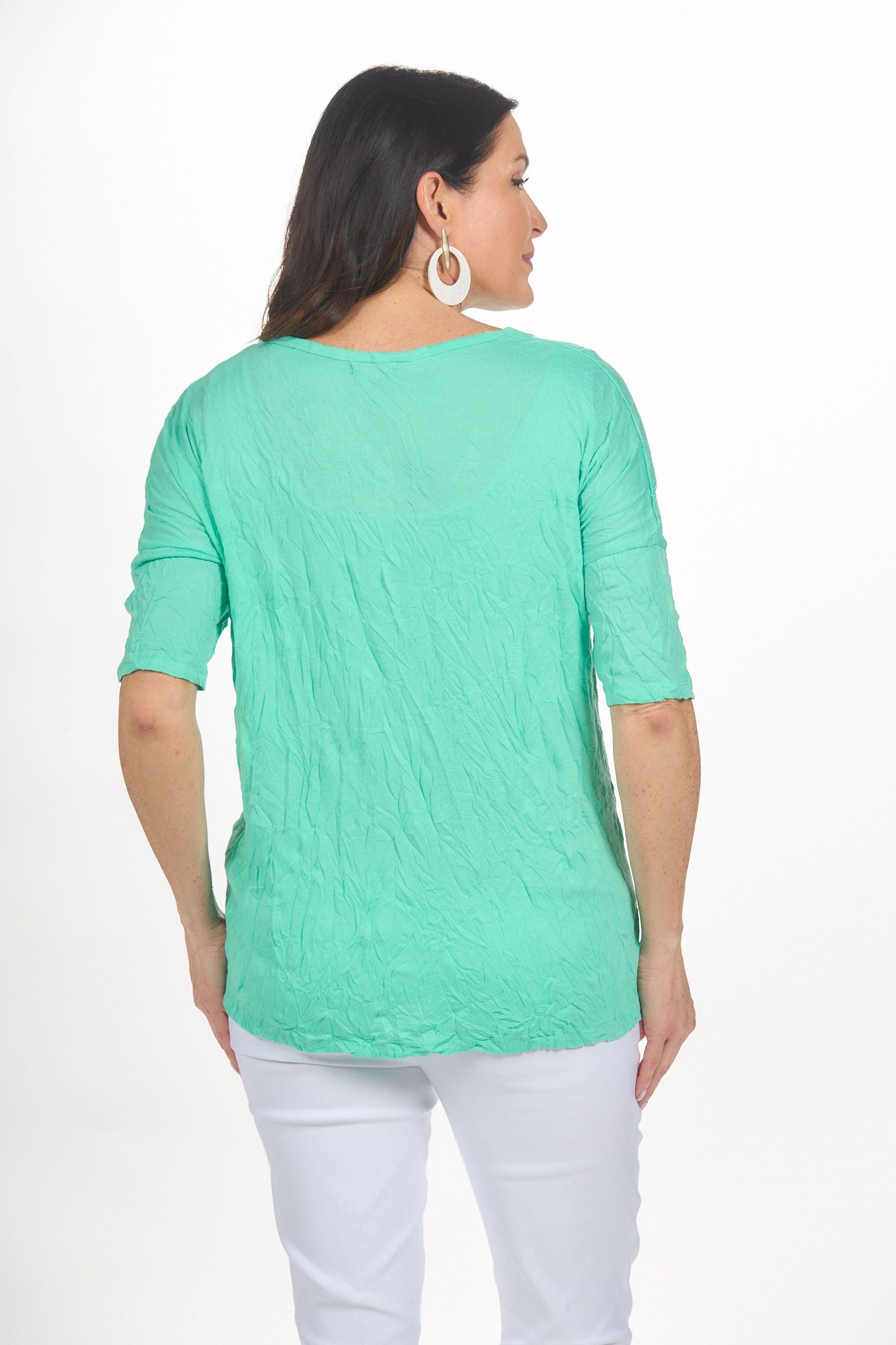 Back image of Shana 2 pocket crinkle tunic in seafoam. 