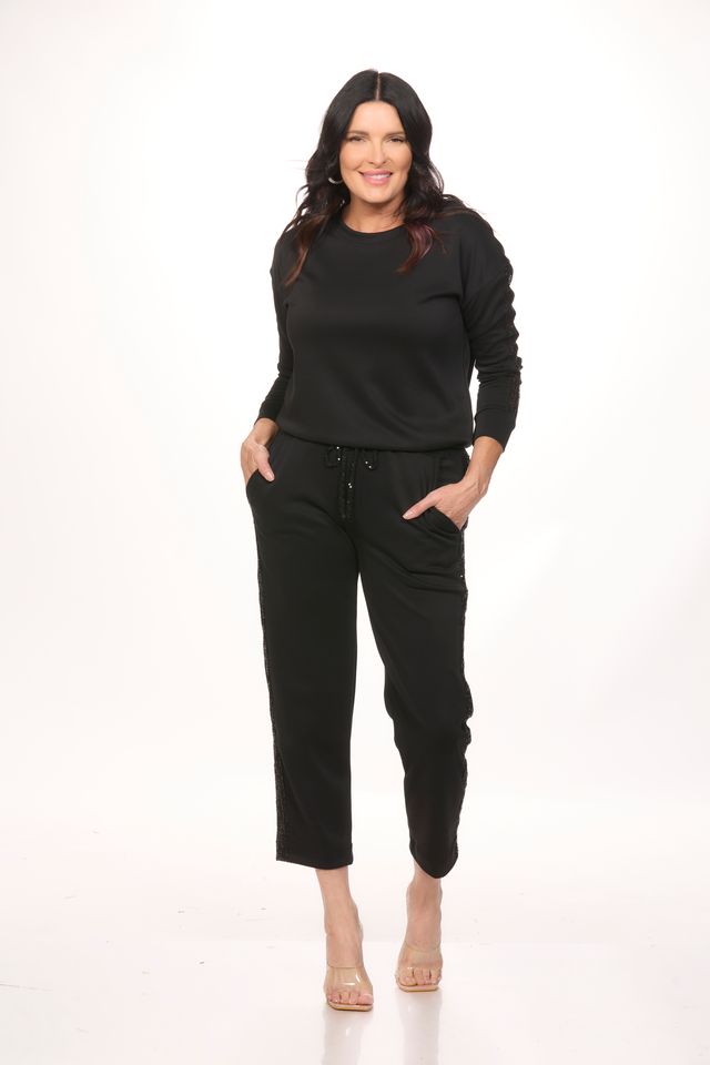 Long Sleeve Crew Neck Sequin Trim Scuba Top