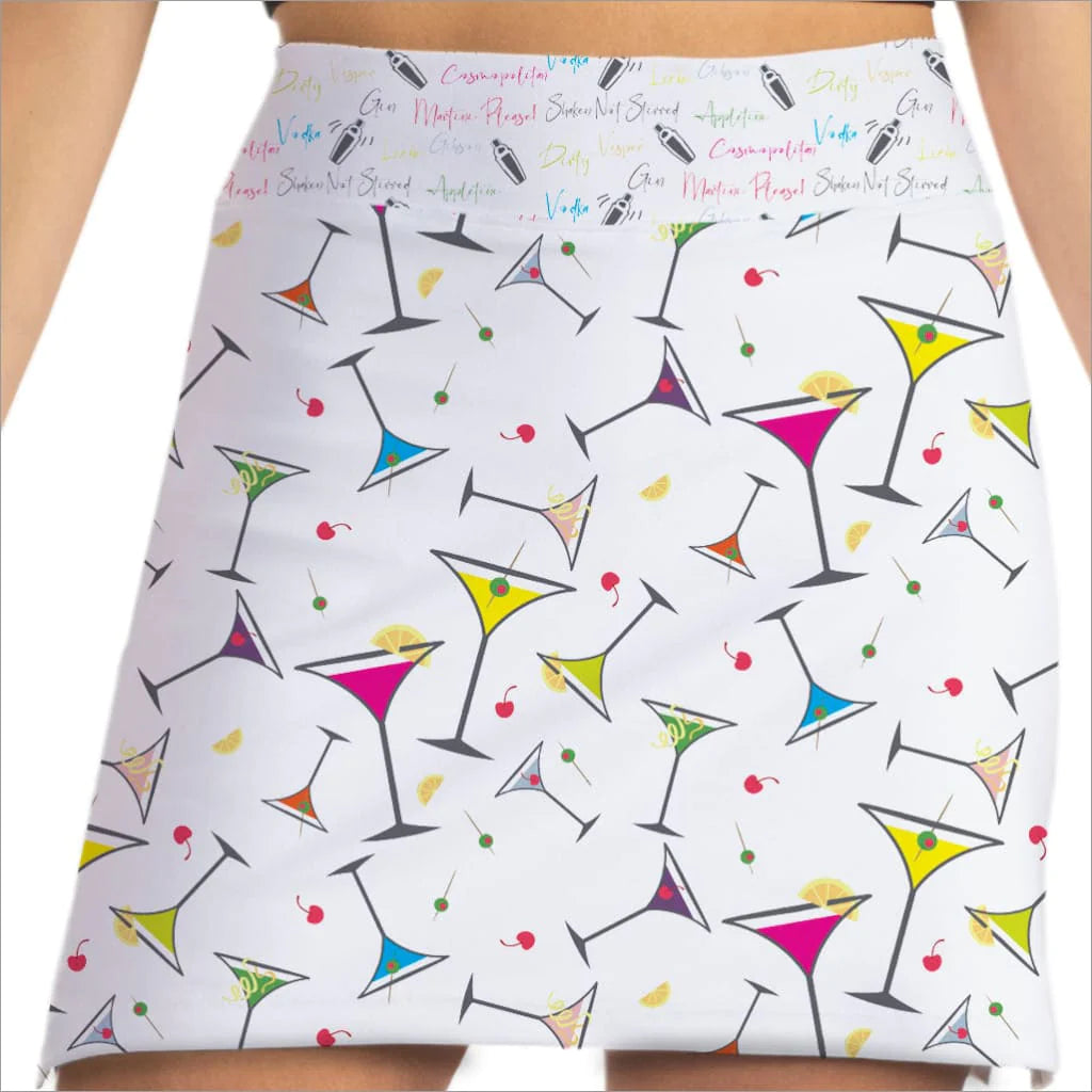 Front image of Skort Obsession pull on short. Shaken not stirred printed skort. 