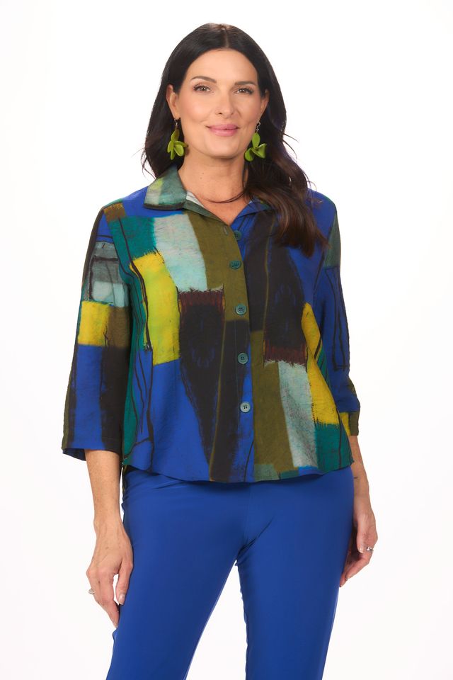 Front image of Shana button front printed shirt.