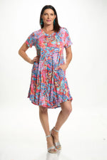Front image of Shana pink printed short sleeve crinkle dress. 