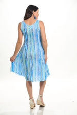 Back image of Shana blue striped sleeveless crinkle tank dress. 