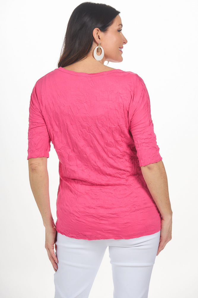 Back image of Shana 2 pocket crinkle top in pink. 