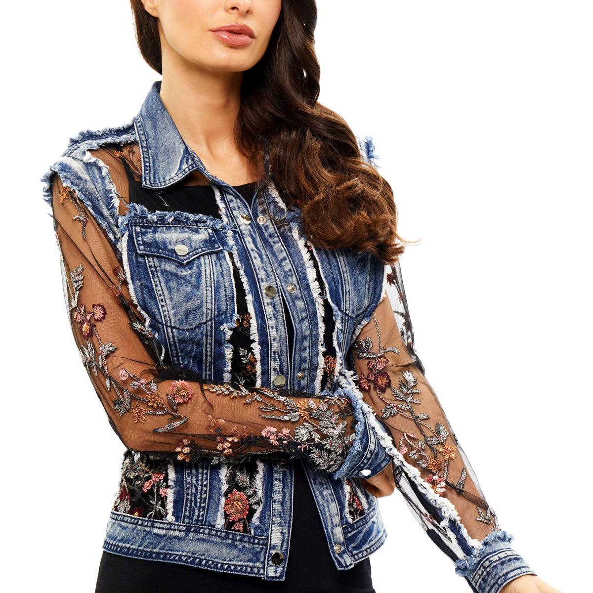 Long Sleeve Denim Jacket with Sheer Embroidery
