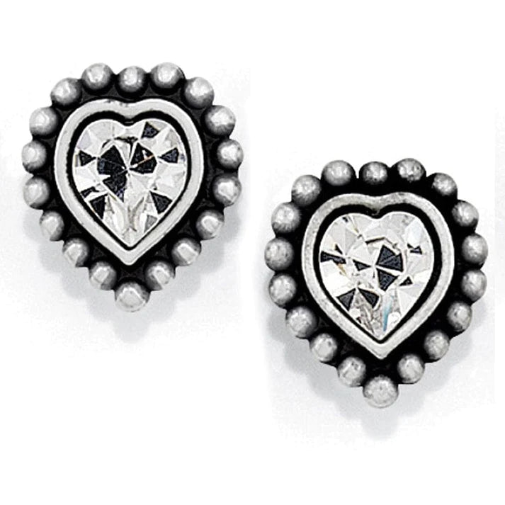 Front image of Brighton Shimmer Heart Mini Post Earrings. Silver heart shaped earrings by brighton.