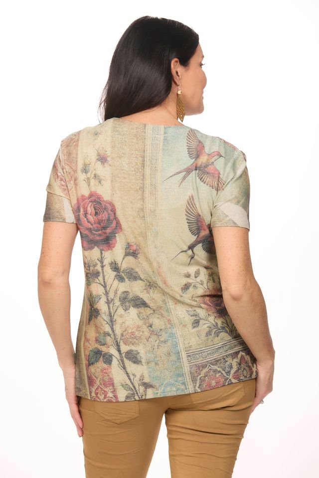 Back image of origami short sleeve shimmer top.