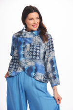 Front image of Shana short printed crushed jacket. 3/4 sleeve blue printed top. 