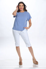 Front image of short sleeve modern tee in blue. 