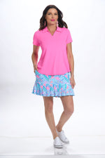 Front image of lulu b short sleeve collar top in clear pink. 