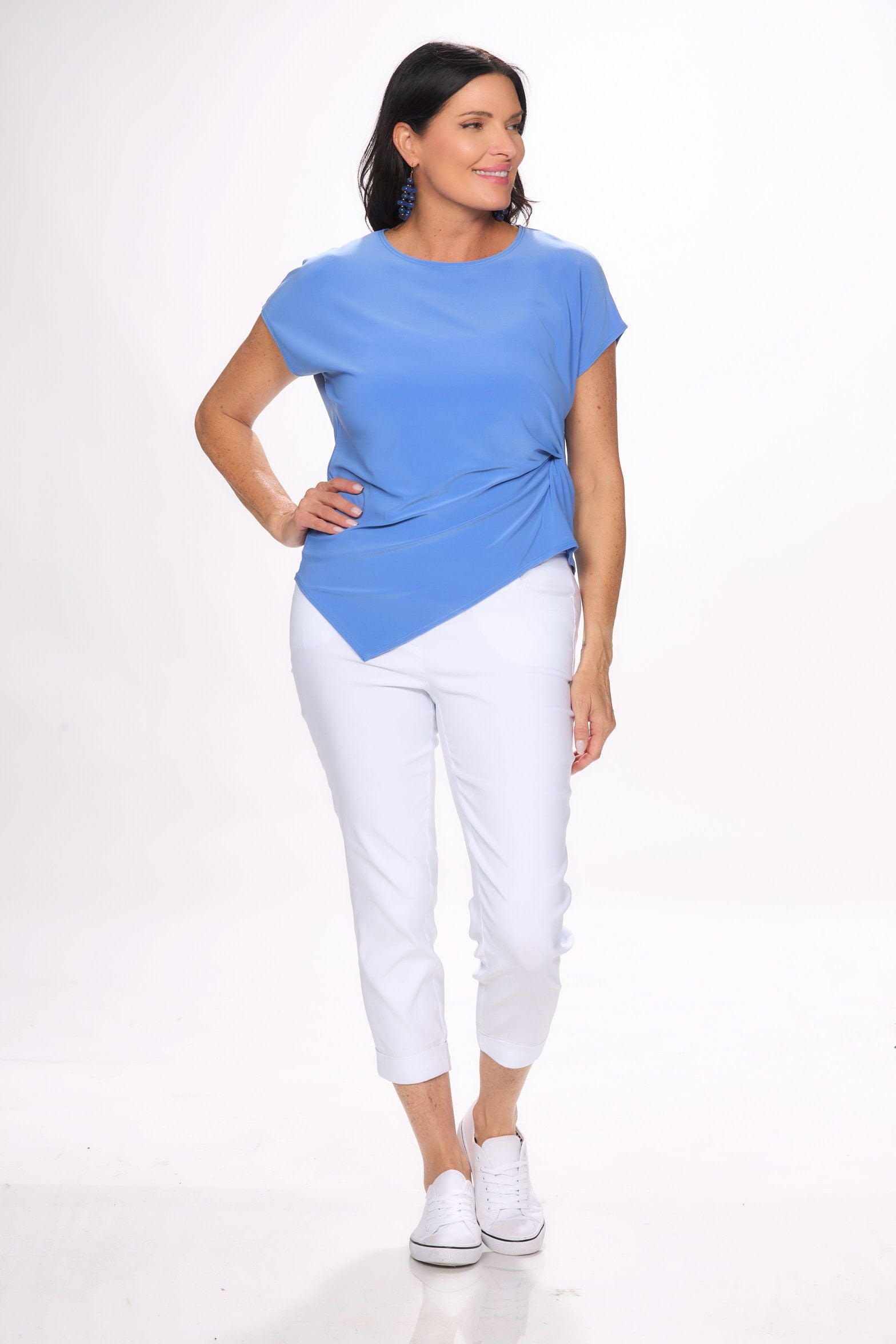 Front image of Picadilly short sleeve knot top in light blue.