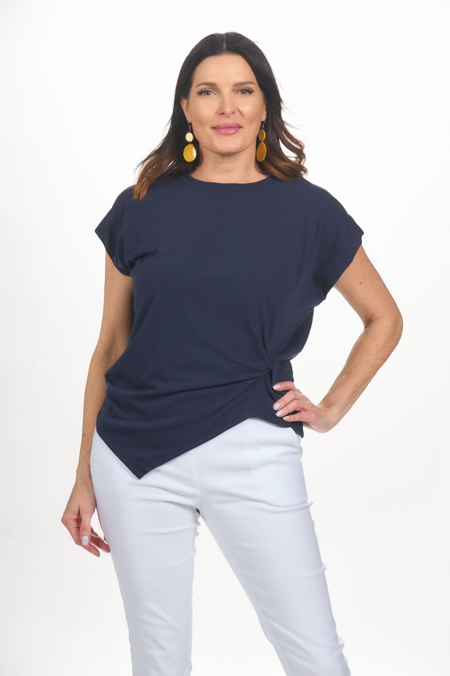 Front image of Nallie & Millie short sleeve knot front top. 