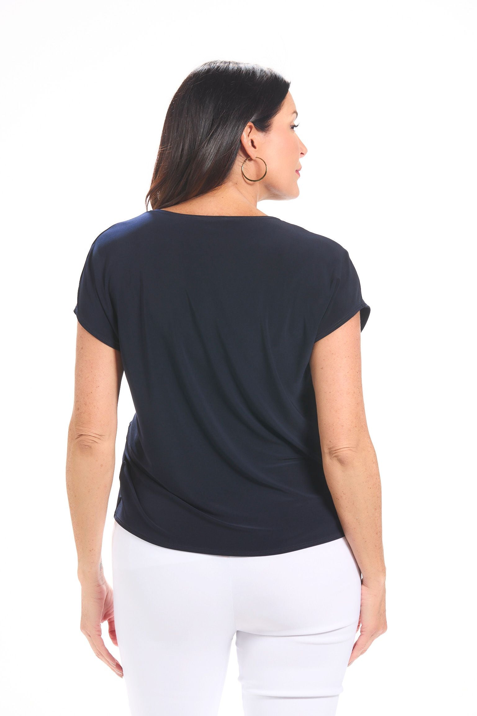 Back image of Picadilly short sleeve knot top in navy.