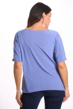 Back image of Mimozza dolman sleeve relaxed top. Short sleeve periwinkle top. 
