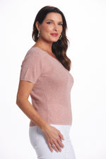 Side image of look mode pink shimmer short sleeve sweater. Pink shimmer. 