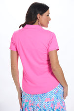Back image of lulu b short sleeve collar top in clear pink. 