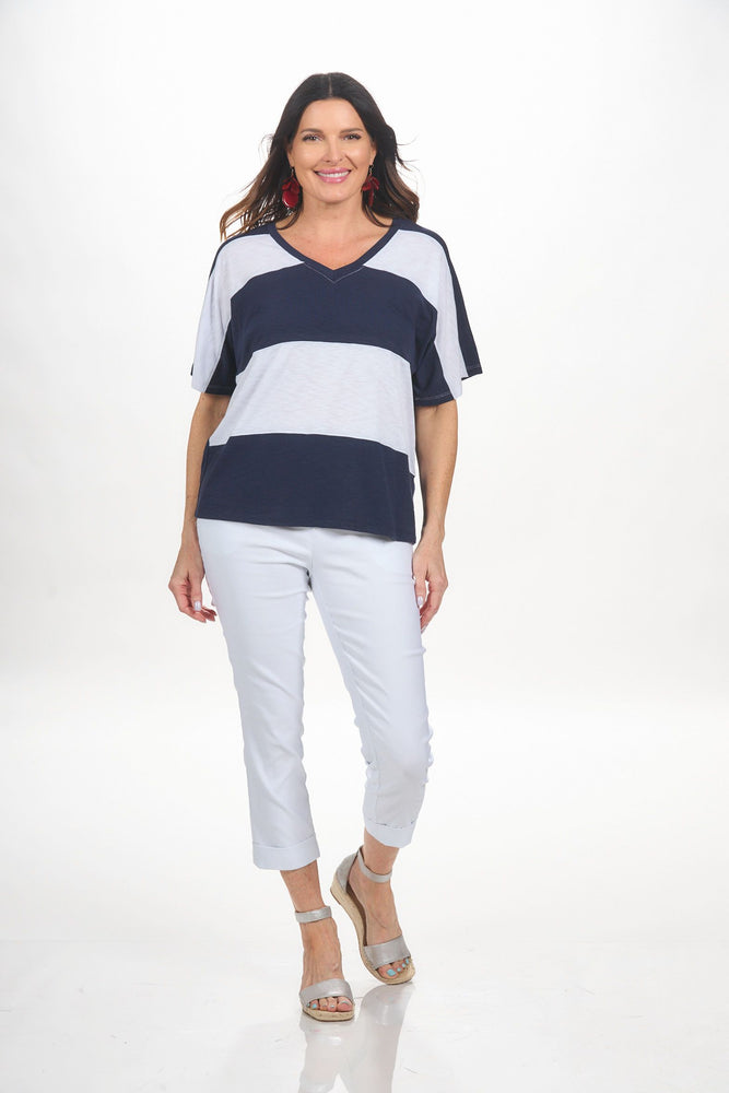 Front image of Nallie & Millie short sleeve striped tee shirt. 