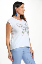 Side image of white butterfly tee shirt. 