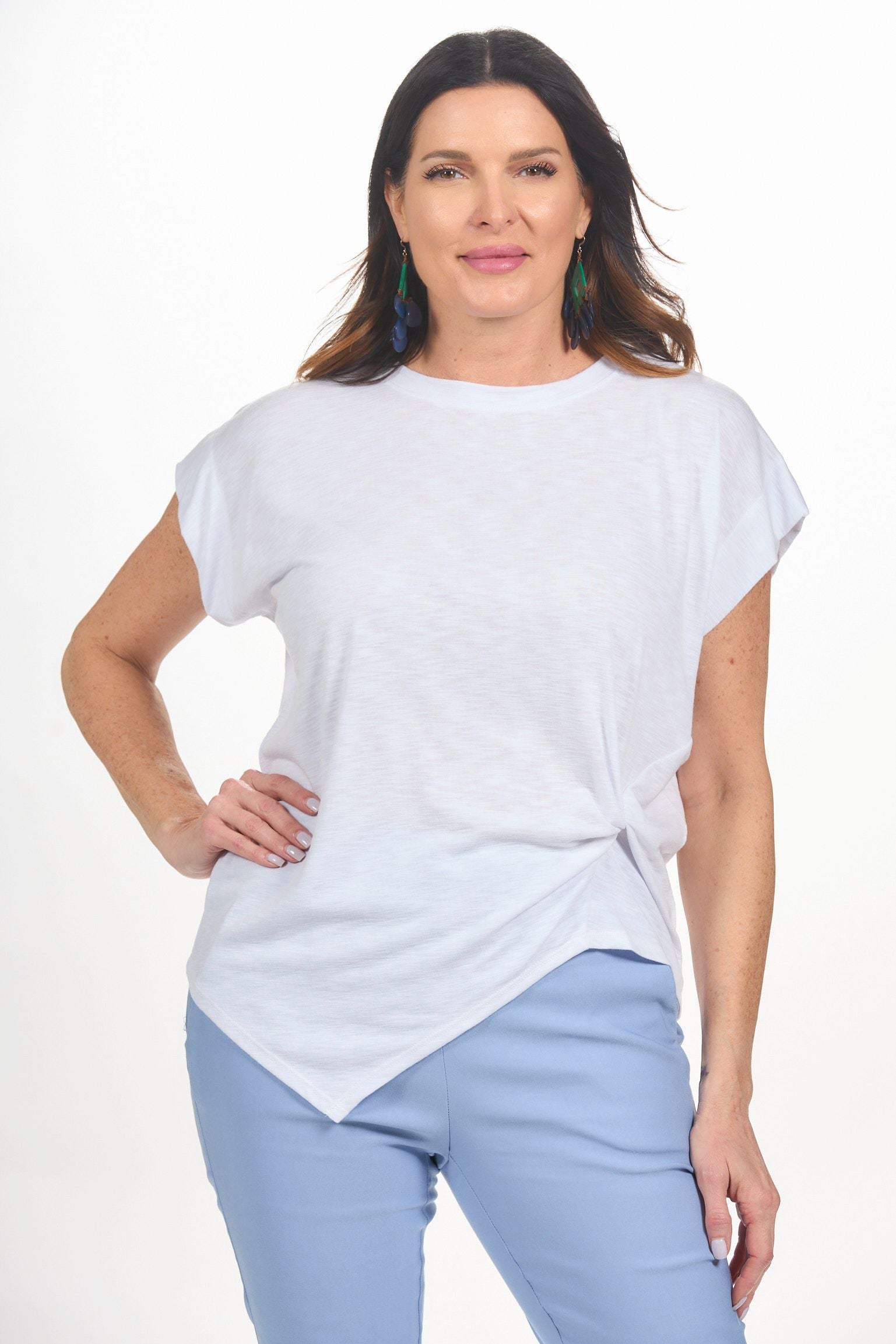 Front image of Nallie & Millie short sleeve knot front top. 
