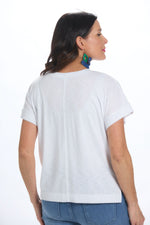 Back image of white short sleeve modern tee. 